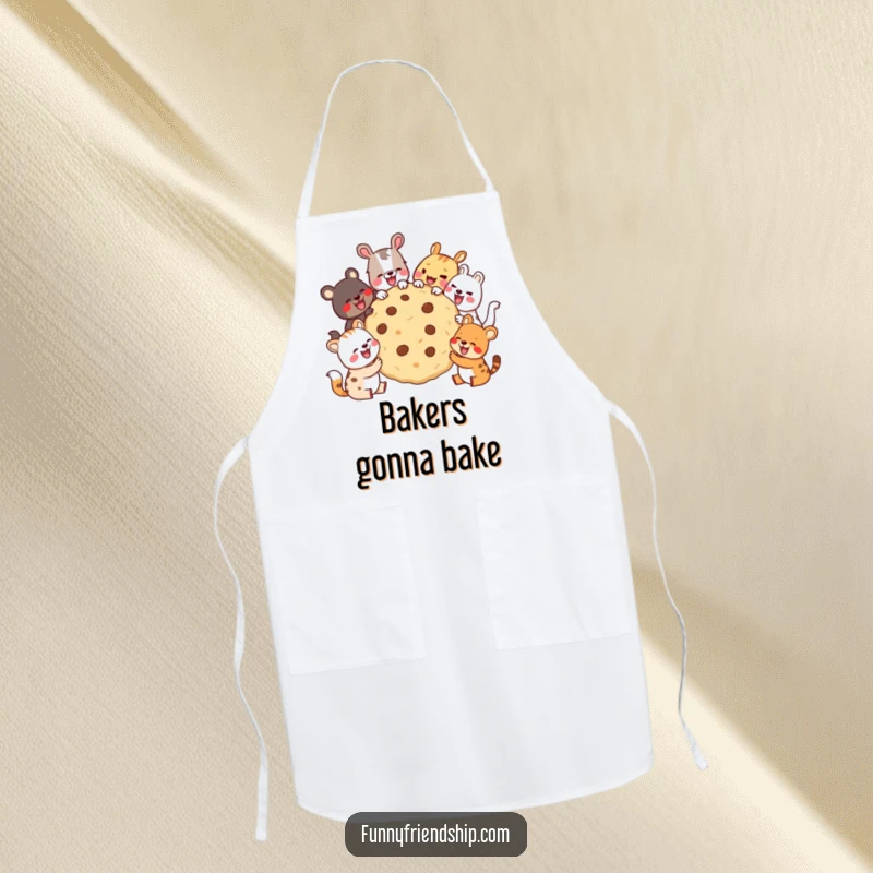 Funny Apron with diverse animals sharing a giant cookie and laughing, ideal for cooks who love humorous kitchenware and communal fun.