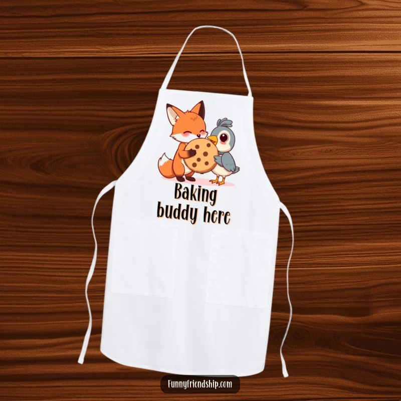Funny apron showing a fox sharing a cookie with a bird, bringing a humorous and sweet theme to kitchen activities.