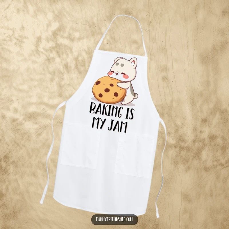 Funny animal friends apron, two characters sharing a giant cookie while cooking, highlighting kitchen fun and humor for chefs.