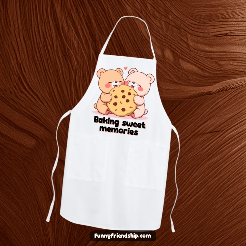 Funny apron showing two cute bears joyfully sharing a giant cookie, ideal for kitchen and baking humor.