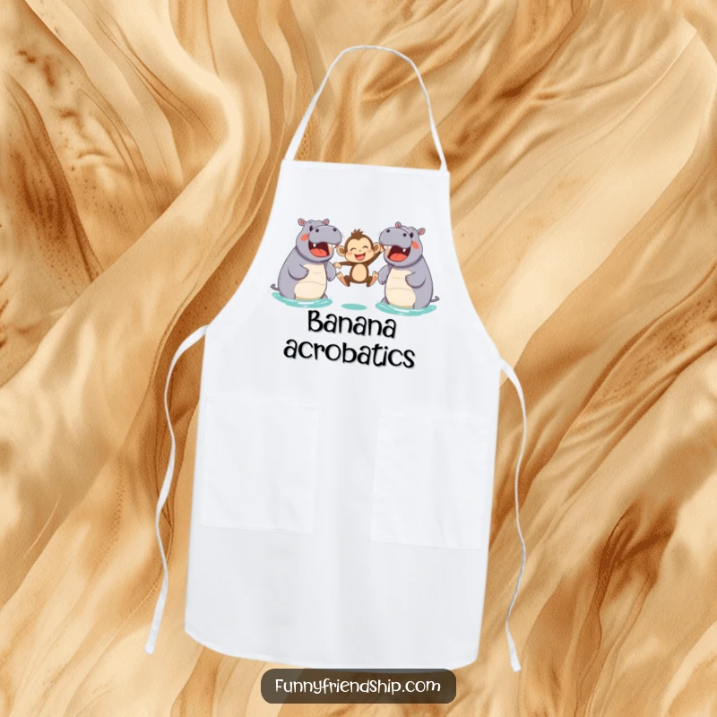Funny apron featuring a joyful monkey leaping between two friendly hippos, a whimsical and humorous design for the kitchen.