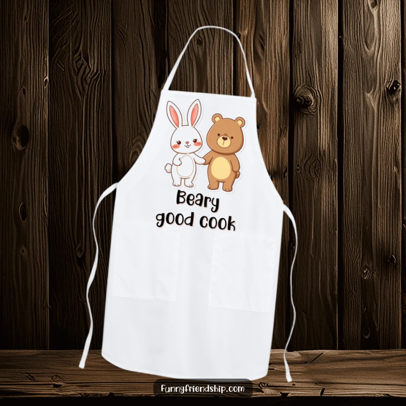 Funny rabbit and bear characters holding hands while cooking, a humorous and practical apron for kitchen warmth.