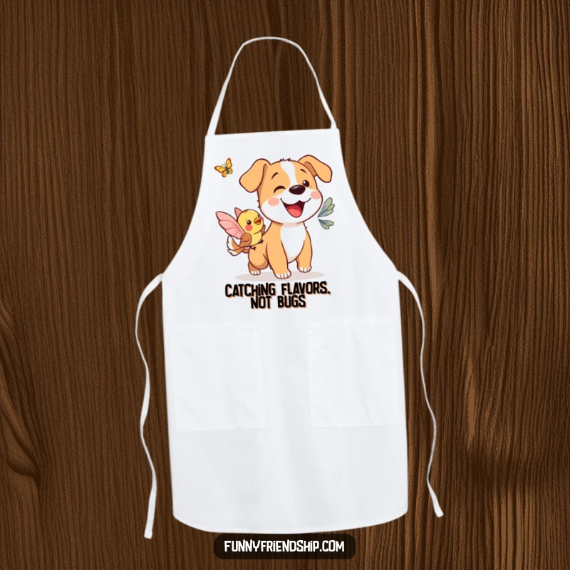 Funny apron: a dog and bird chasing a butterfly, making kitchen chores a playful and humorous affair.