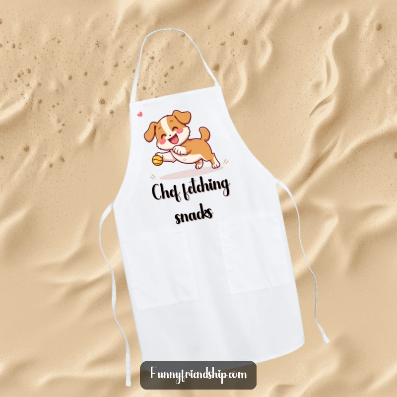 Funny dog character apron depicting a playful dog fetching a ball with a cheering companion, ideal for cooking.