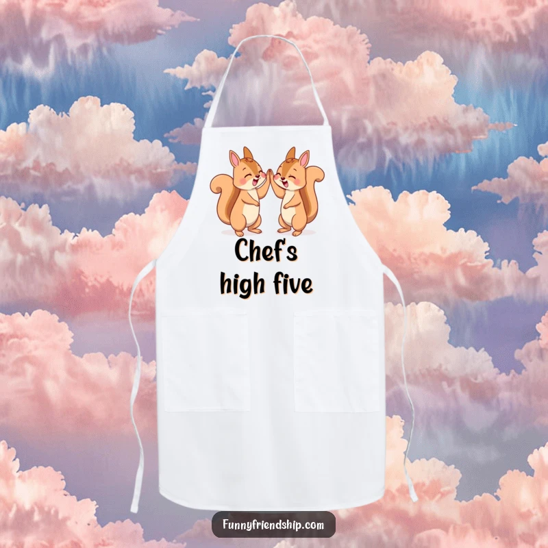 Funny apron with two squirrels giving a celebratory high five, making cooking more fun.