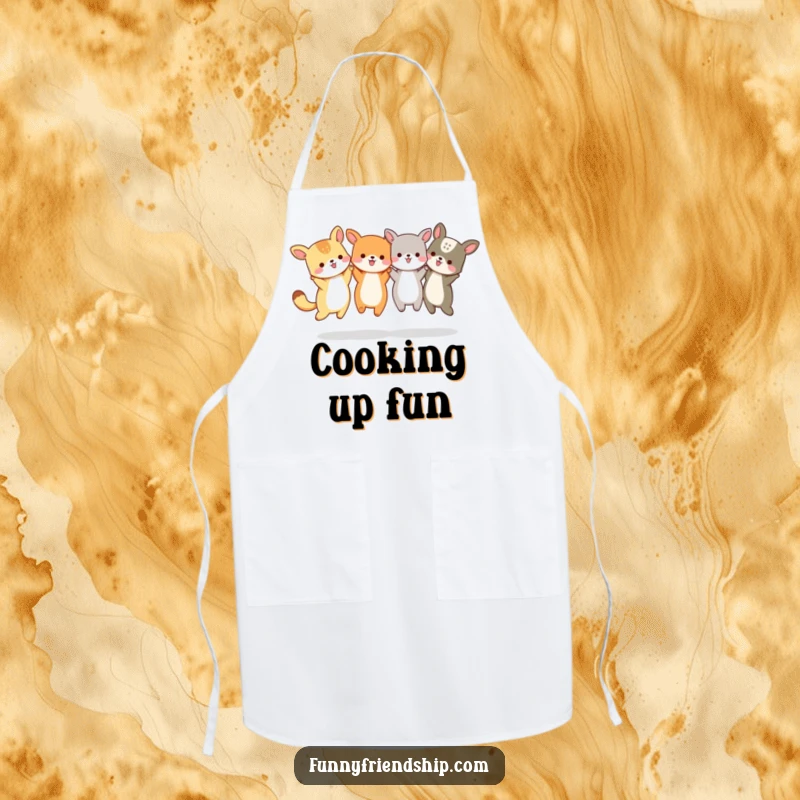 Funny Animal Friends Jumping Apron: Animals holding hands and jumping, cheerful kitchen wear, for cooking fun, a funny gift.