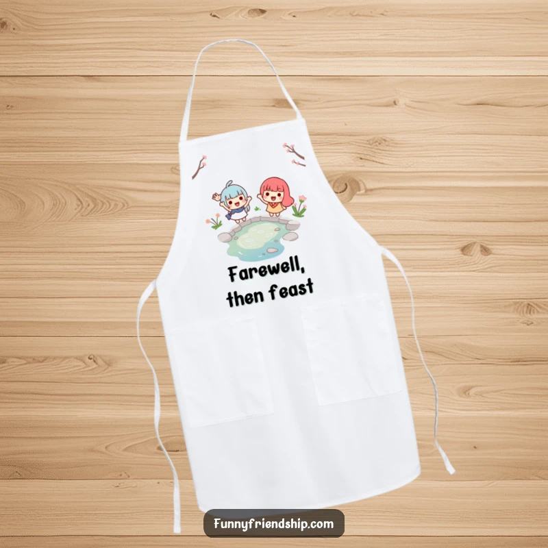 Funny kitchen apron illustrating two smiling characters waving goodbye across a small stream, perfect for adding cheer and well wishes to cooking.