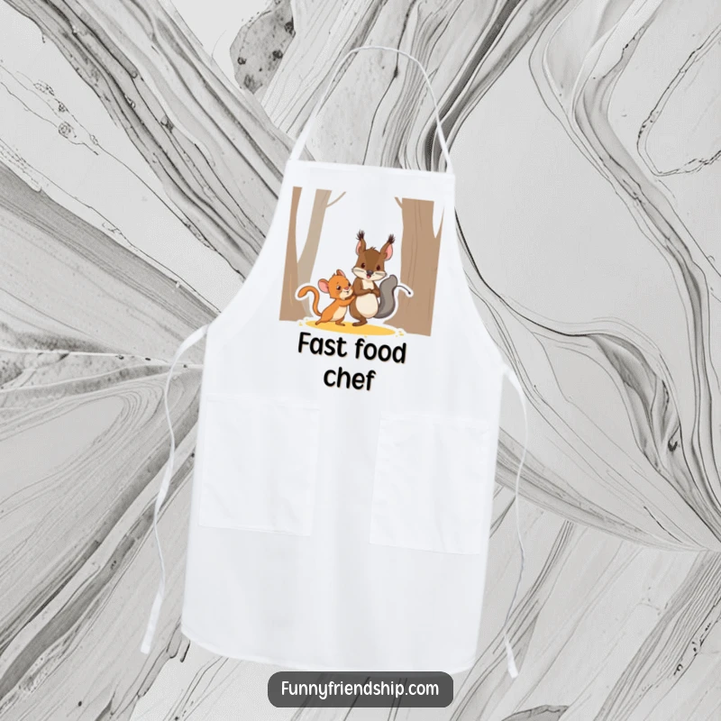 Funny squirrel and mouse characters playing tag while cooking, a humorous and practical apron for kitchen fun.