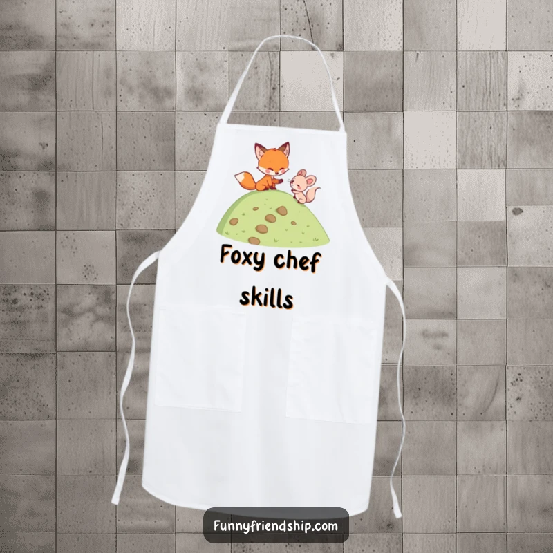 Funny fox character helping a mouse climb a hill on a kitchen apron, blending practicality with themes of support and humor.