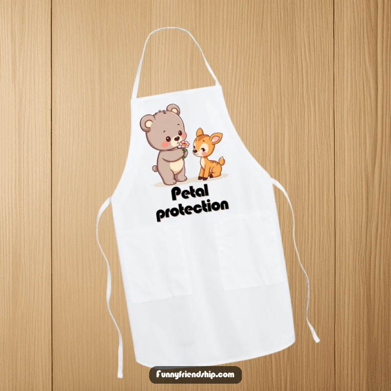 Funny Apron with a bear cub offering a flower to a shy deer cub, perfect for adding cute charm to kitchen activities.