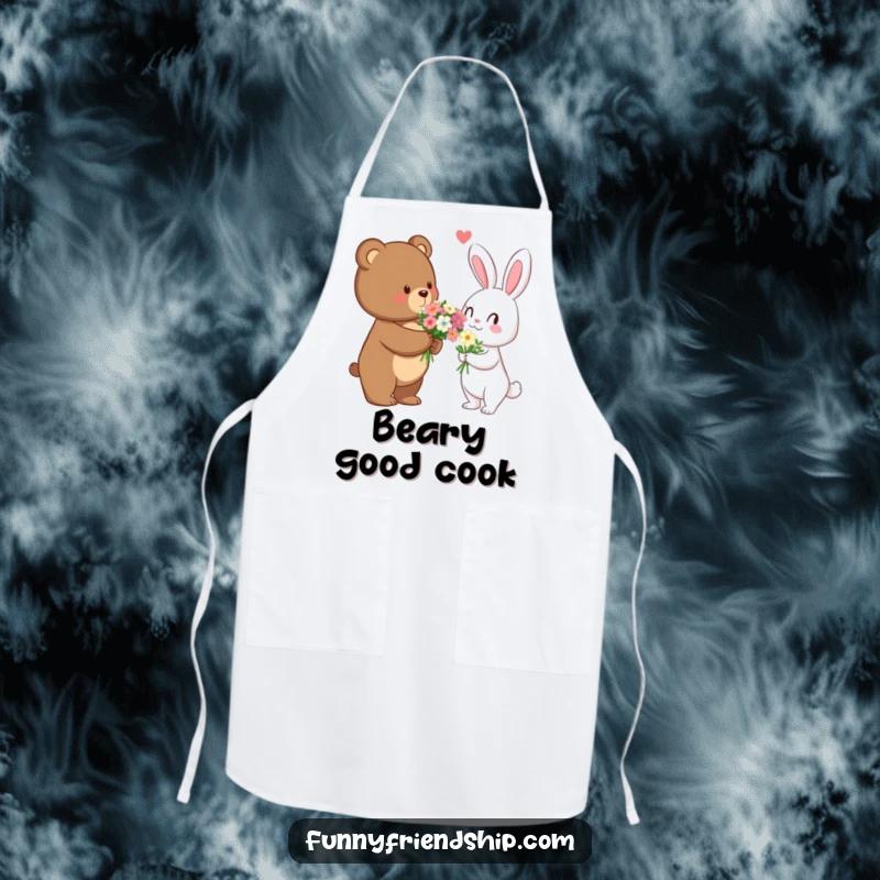 Funny bear character holding a flower bouquet for a rabbit on a kitchen apron, blending practicality with romantic humor.