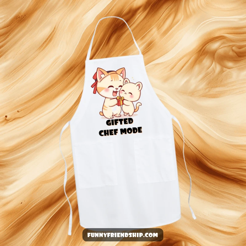 Funny apron with a cat character enthusiastically offering a gift, making cooking and baking more humorous.