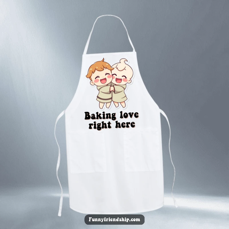Funny apron showing happy characters hugging, ideal for chefs and kitchen enthusiasts who enjoy warmth and humor.
