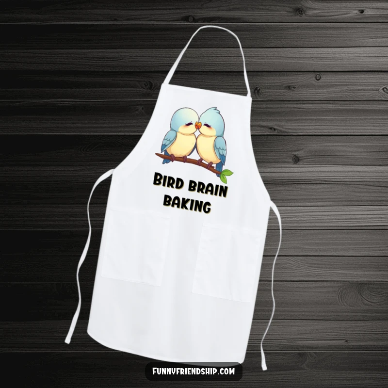 Funny two birds nuzzling on a kitchen apron, symbolizing love and partnership in a humorous and practical design.