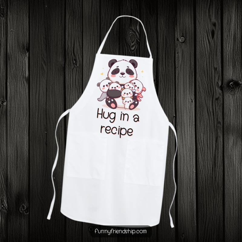 Funny panda apron with a cuddly panda joyfully hugging characters, perfect for kitchen adventures and humorous cooking.
