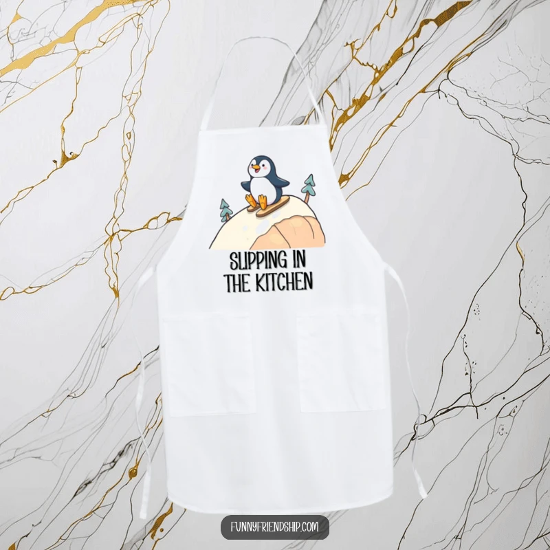 Funny apron featuring cheerful penguins sliding down a hill, perfect for kitchen fun and protecting clothes with a friendly vibe.