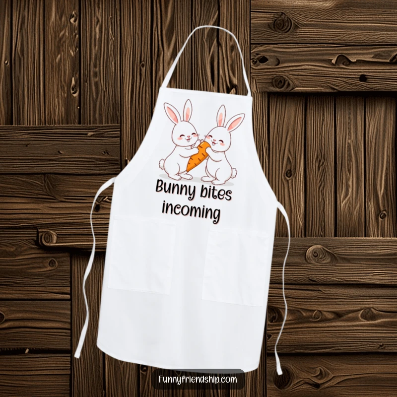 Funny rabbit apron with two high-fiving bunnies and a giant carrot, a protective and humorous kitchen accessory.