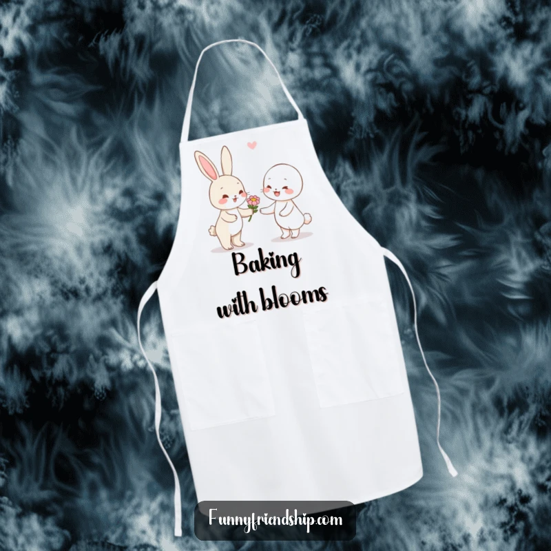 Funny rabbit character apron depicting a cute bunny offering a flower to a smiling friend, perfect for cooking.