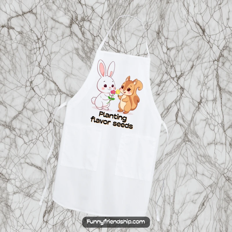 Funny Apron: Playful rabbit character offering a flower to a shy squirrel character, a humorous kitchen essential for nature lovers.