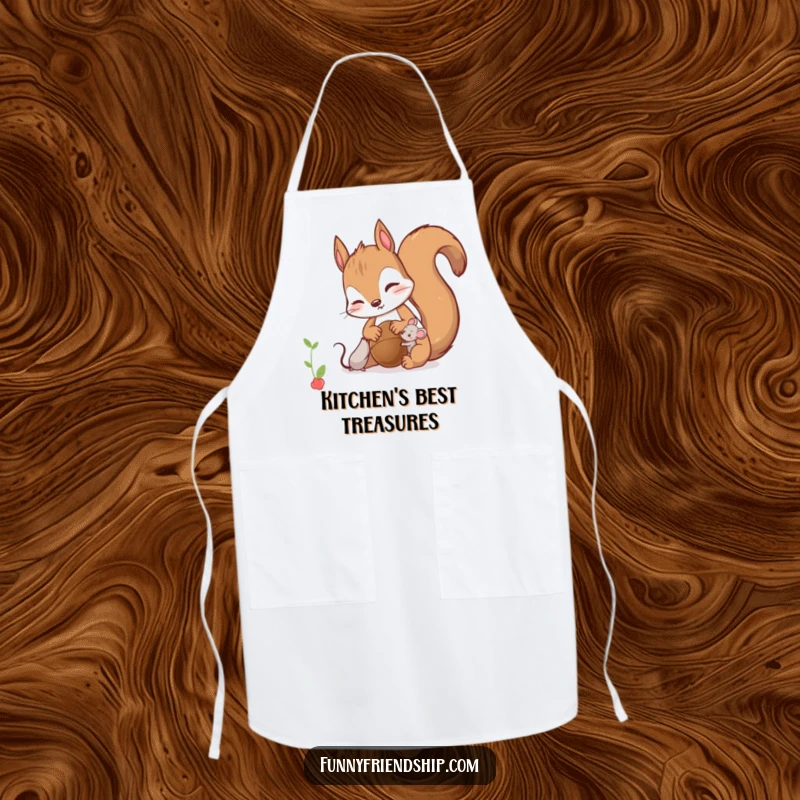 Funny Apron: Curious squirrel character sharing a nut with a tiny mouse, perfect for adding charm to cooking.