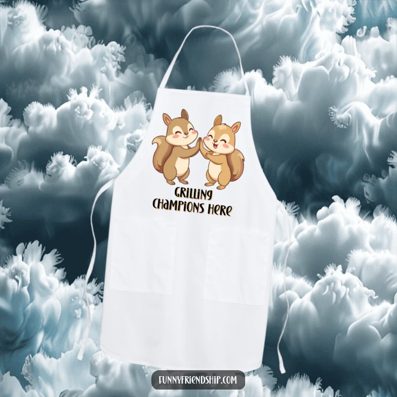 Funny apron showing two squirrels celebrating by high-fiving, ideal for kitchen and cooking humor.