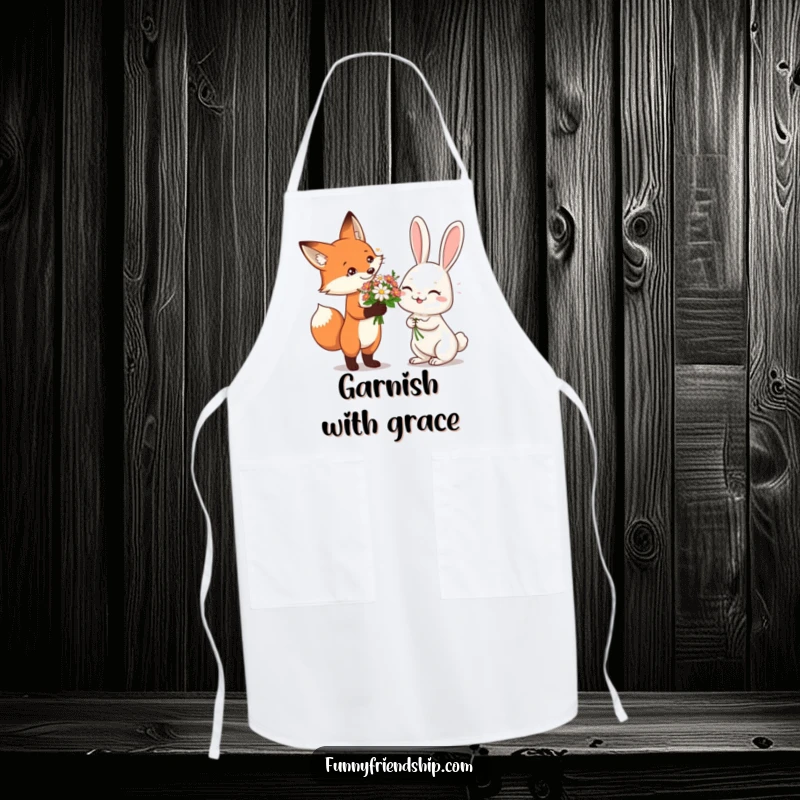 Funny Apron illustrating a fox giving flowers to a giggling rabbit, ideal for cooks who love charming and humorous kitchenware.