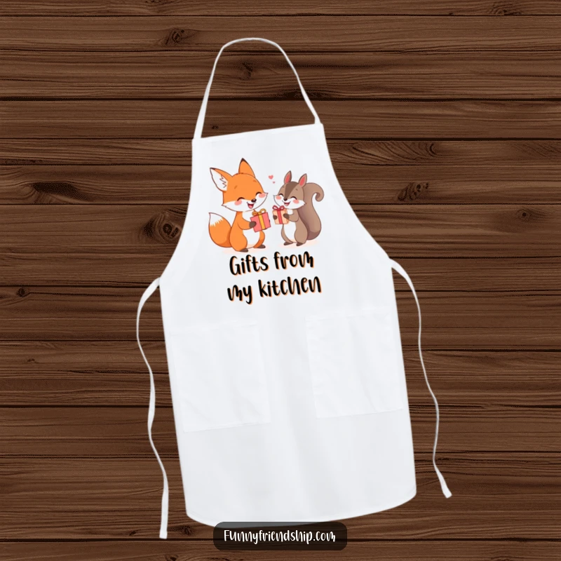 Funny fox and squirrel apron exchanging gifts, a protective and charming kitchen accessory.