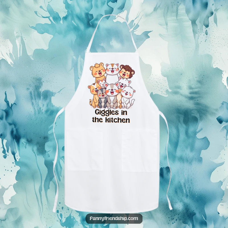 Funny kitchen apron illustrating a diverse group of animal characters laughing together joyfully, perfect for adding cheer and fun to cooking.