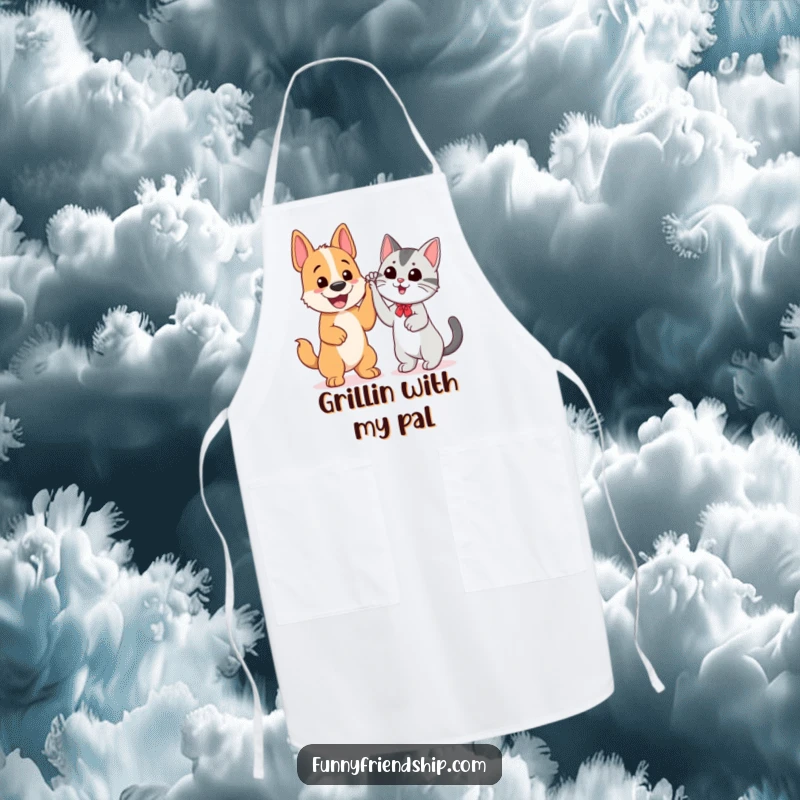 Funny apron with a cheerful dog and cat giving each other a high five, ready for kitchen adventures.