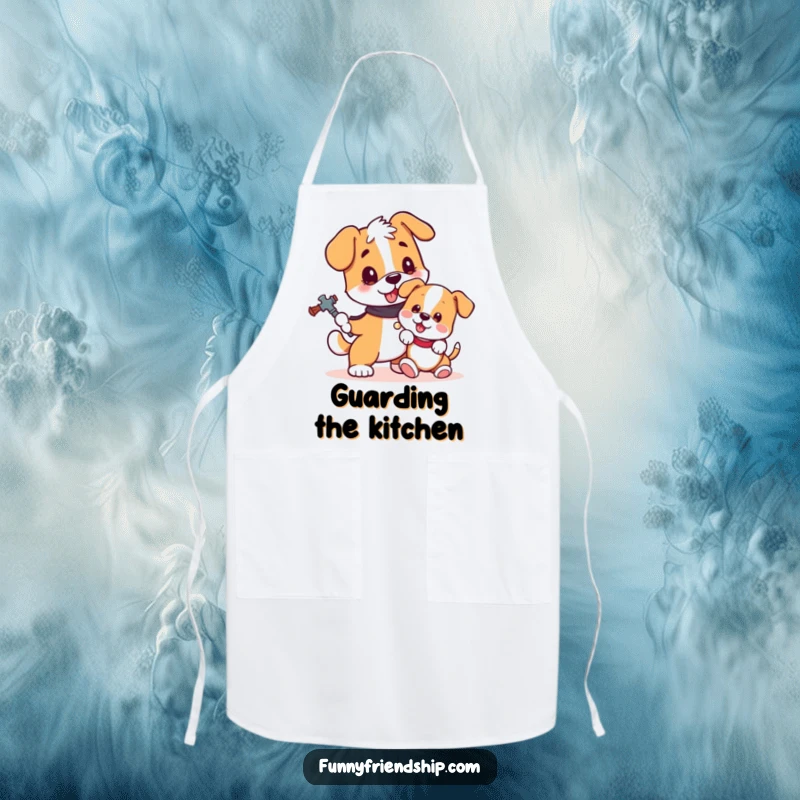 Funny dog apron featuring a loyal dog guarding a playful puppy in a kitchen setting, emphasizing humor and protection.