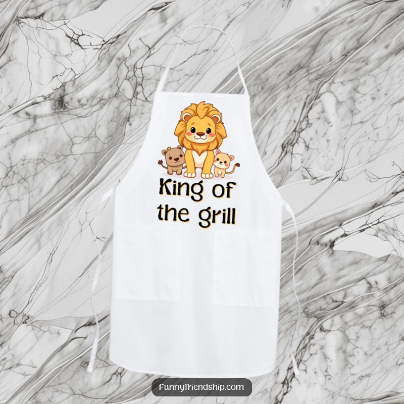Funny apron showcasing a proud lion standing guard over friends, perfect for kitchen activities with a message of protection.