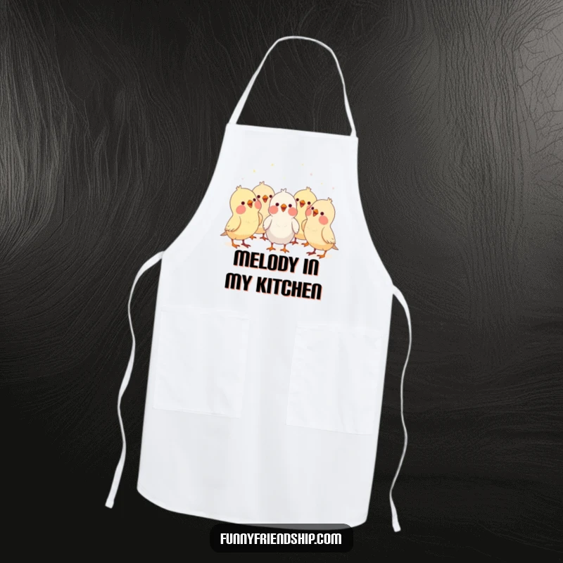Funny bird characters forming a choir, singing together while cooking, a humorous and practical apron for kitchen fun.