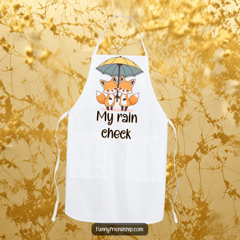 Funny kitchen apron featuring two cute cartoon foxes sharing a giant umbrella, adding humor to cooking and baking.