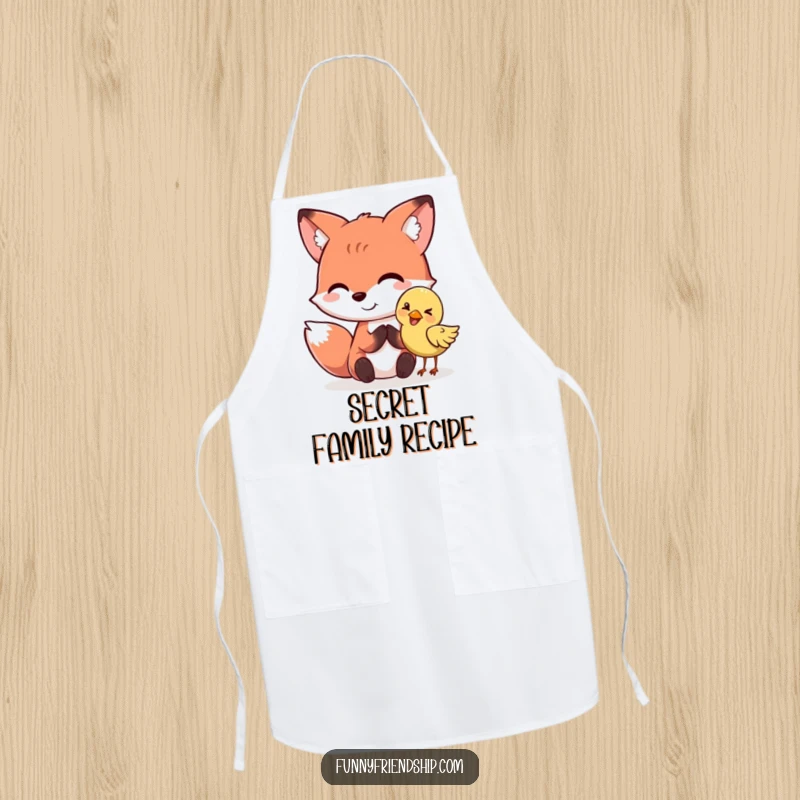 Funny fox character whispering a secret to a giggling bird on a kitchen apron. A practical funny gift.