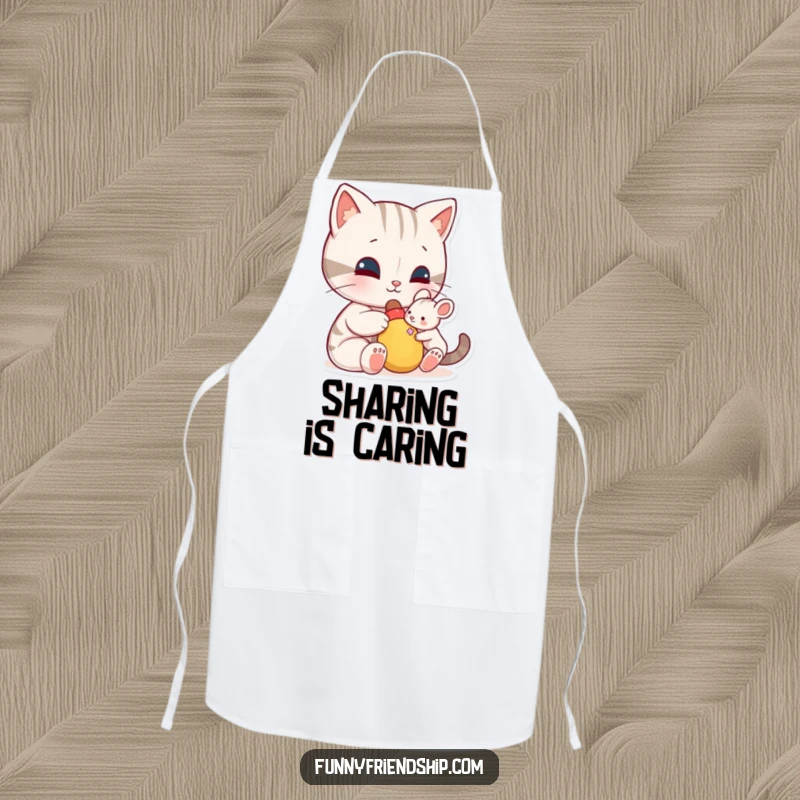 Funny apron: a cat character shares a toy with a small mouse, a humorous kitchen accessory promoting kindness and sharing.