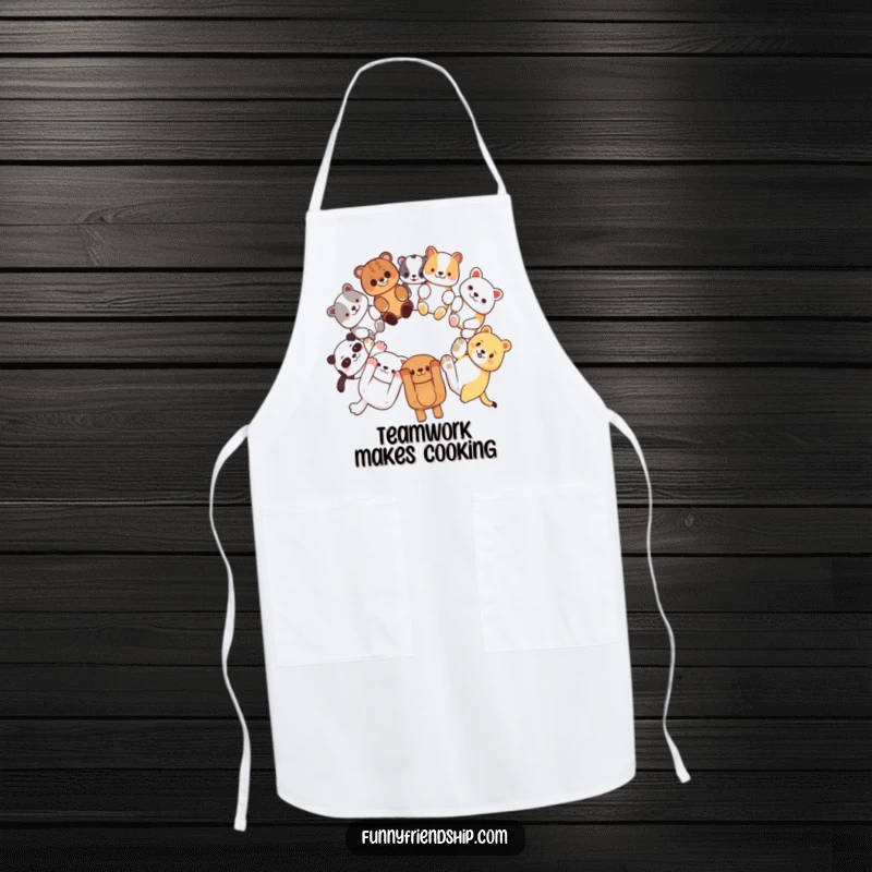 Funny apron with diverse animal characters linking paws in a circle, celebrating friendship and cooking, ideal for chefs.