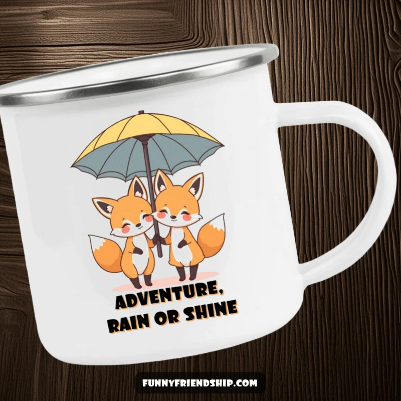 Funny enamel camping mug featuring two happy cartoon foxes sharing a giant umbrella, designed for outdoor humor.