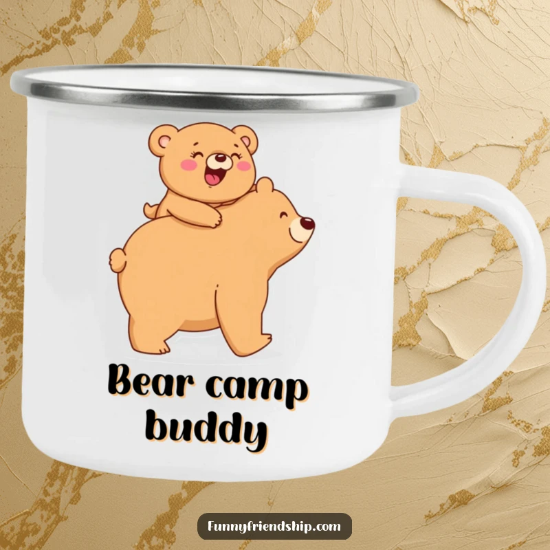 Funny Camping Mug: A small bear giggles riding piggyback on a larger bear, perfect for humorous sips on the go.