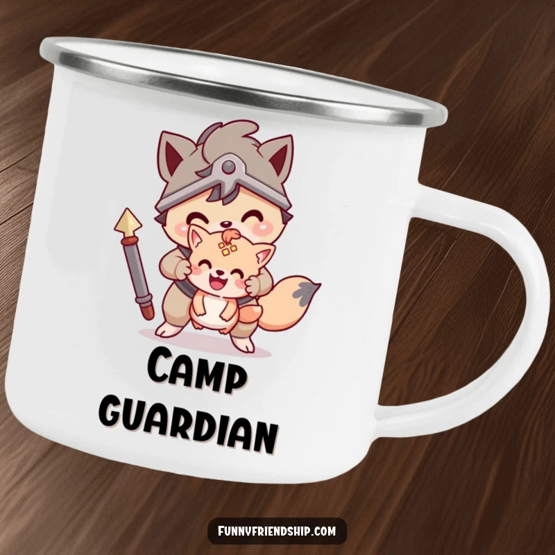 Funny camping mug with a brave animal character protecting a smaller friend, ideal for enjoying drinks with a hero.