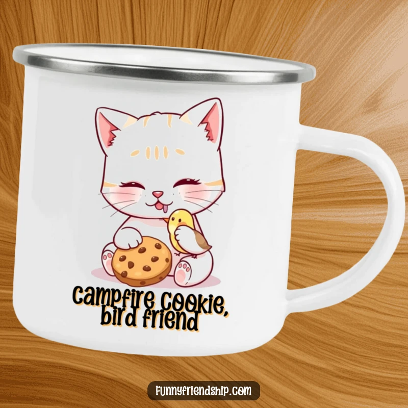 Funny Cat Bird Cookie Camping Mug featuring a cat sharing a cookie with a tiny bird, designed for outdoor enjoyment and heartwarming moments.
