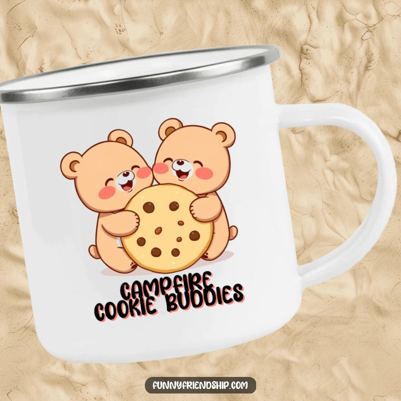 Funny enamel camping mug with two cute bears joyfully sharing a large cookie, perfect for outdoor friendship.