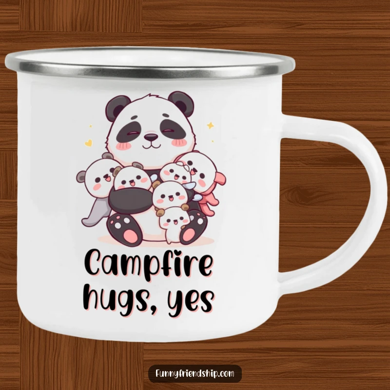 Funny panda camping mug featuring a cuddly panda hugging characters, perfect for outdoor adventures and humorous sips.