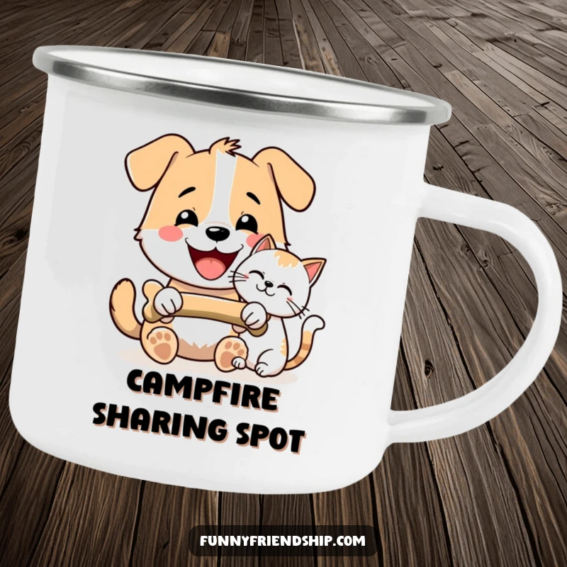 Funny Dog and Cat Bone Sharing Camping Mug: Dog and cat sharing a bone, durable outdoor drinkware, with a funny pet theme, a funny gift.