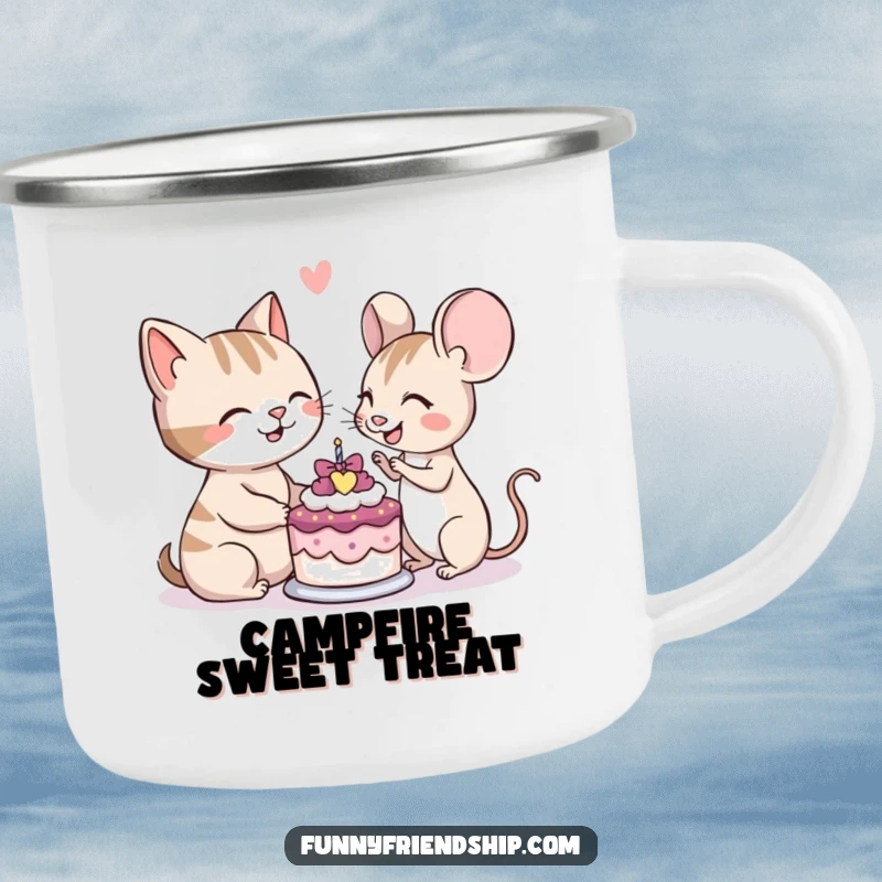 Funny camping mug depicting a cat and mouse character smiling while sharing a small cake, ideal for outdoor enjoyment.