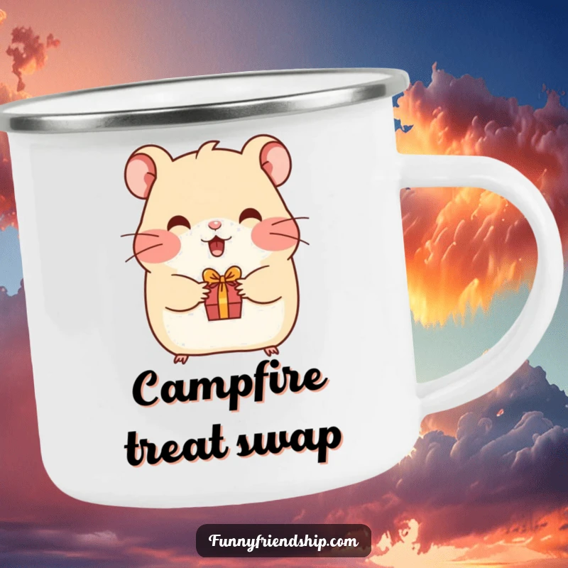 Funny hamster camping mug featuring a happy hamster offering a gift, perfect for outdoor adventures and humorous sips.