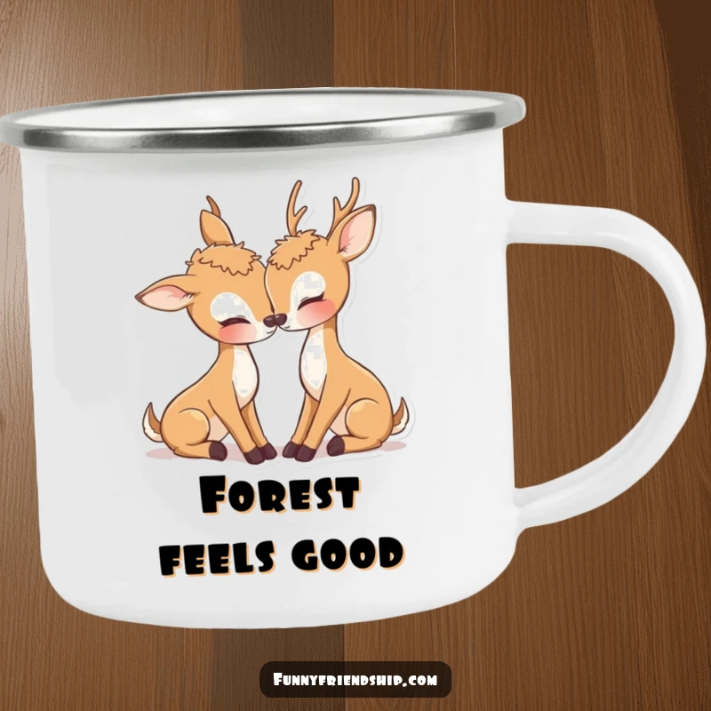 Cute deer camping mug featuring two deer characters nuzzling affectionately, ideal for romantic outdoor trips.