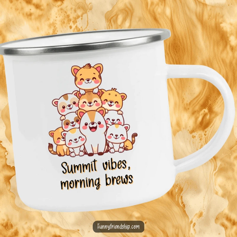 Funny camping mug with a pyramid of smiling animals, durable and perfect for outdoor enthusiasts and gift-giving.