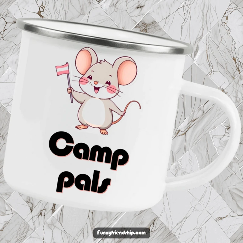 Funny camping mug with a cheerful mouse character waving a tiny friendship flag, perfect for enjoying nature and good company.