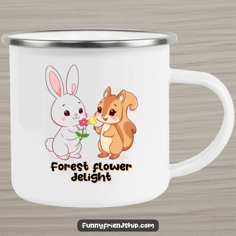 Funny Camping Mug: Playful rabbit character offering a flower to a shy squirrel character, perfect for enjoying drinks outdoors with humor.