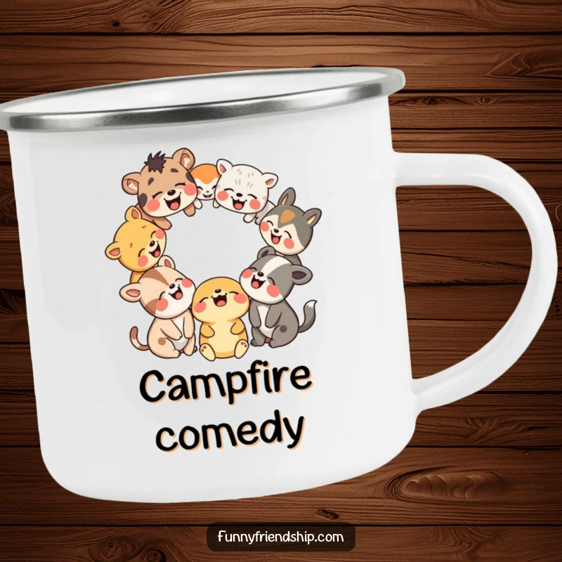 Funny camping mug showing a group of animals laughing together around a campfire under the stars. Great for outdoor activities.